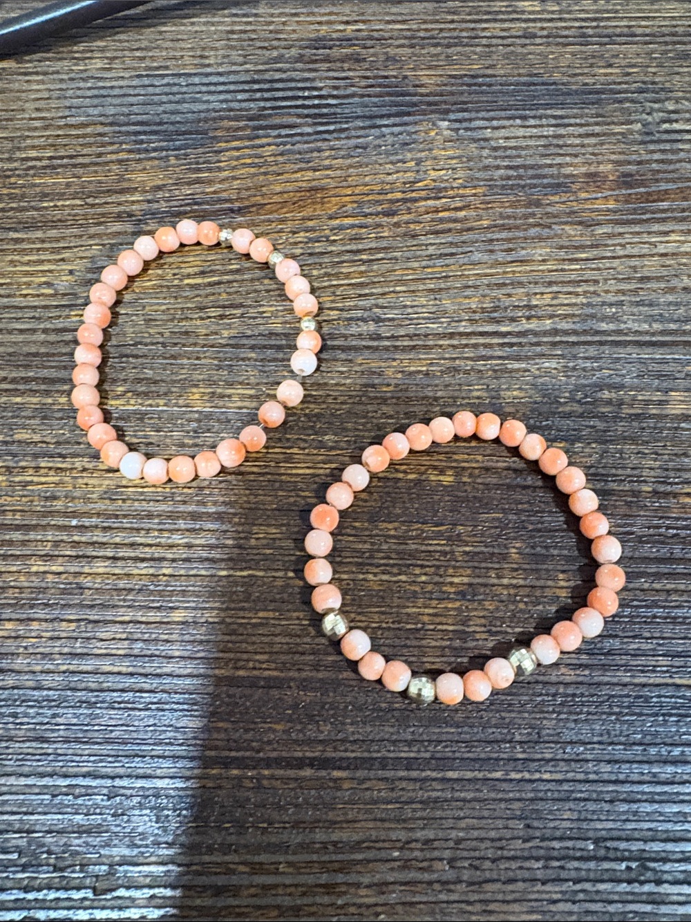 2 Shakti Coral Beaded Stretch Bracelets with gold beads